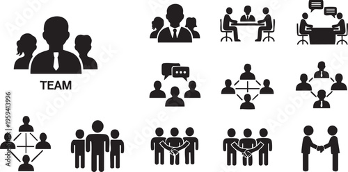 Black silhouettes of people in various teamwork and communication settings business