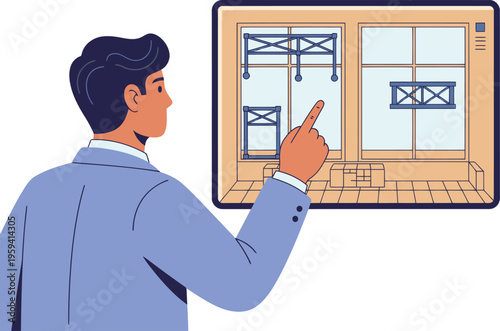An architect examines a window design on a tablet, pointing to the screen. Modern interior design concept, showcasing a stylish window and professional workspace.