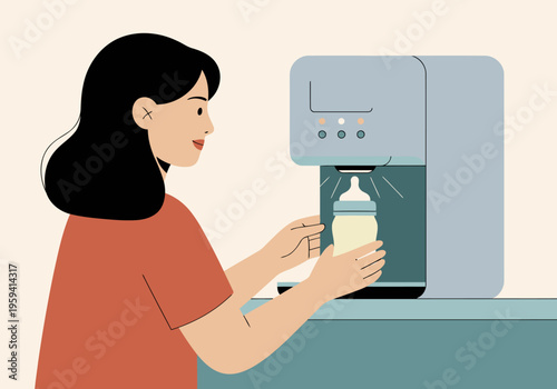 A smiling young Asian woman uses a timed formula dispenser. Clean, modern design. Focus on convenience and baby care. Bright, inviting scene.