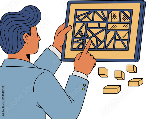 An architect reviews a 3D window design on a tablet, showcasing modern interior design concepts. Clean, professional, and visually engaging.