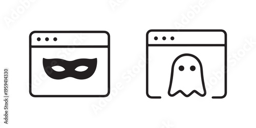 Incognito Private Browsing Icons, Anonymous Mode and Privacy Browser Window Line Vector