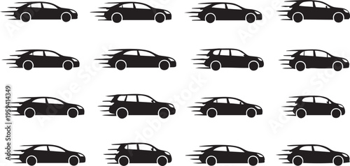 Black silhouettes of speeding cars on white background motion