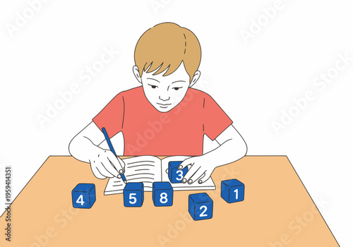 A young boy concentrates on math problems using blocks. Clear, focused learning environment. Bright colors and educational setting.