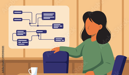 A business analyst studies a flowchart on a whiteboard in a modern office. She?s focused and professional, preparing for a boardroom presentation. Clean, bright, and inviting.