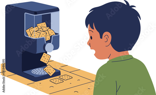 A young boy eagerly watches a snack dispenser release crackers. Clear, focused image with a simple, modern design. Ideal for illustrating reward systems or healthy habits.