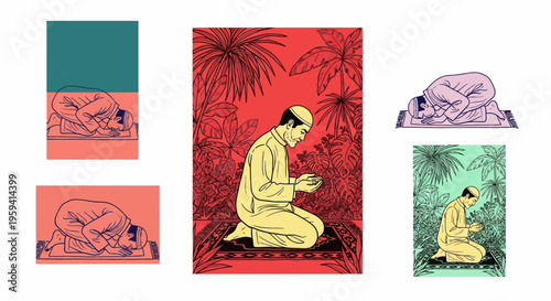 Illustrations depicting a man praying in the Islamic tradition with elements of nature and vibrant colors