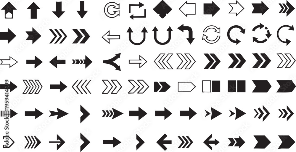 Naklejka premium Black silhouettes of various arrow shapes and symbols on white background arrows