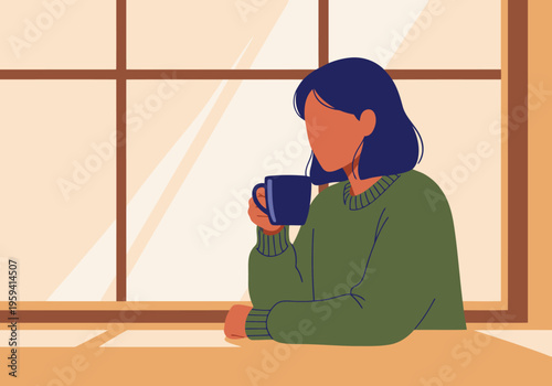 A woman enjoys a quiet morning, sipping coffee by a window. Soft light illuminates her peaceful moment. A simple, calming scene.