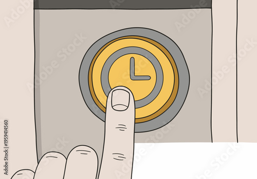 A hand presses a clock icon with a timed release. Clean, modern design with a bright yellow circle and blue accents. Focus on the interaction.
