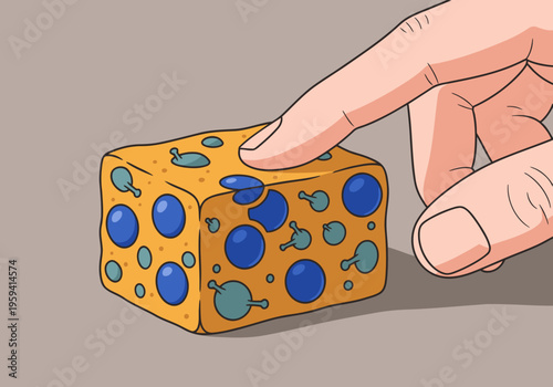 A hand presses a textured, blue-and-yellow foam cube with micro-bead release technology.  Clean, modern illustration. Focus on the release mechanism.