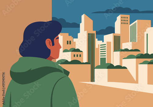 A young man gazes at a futuristic cityscape, showcasing a vibrant algae facade. Modern, stylized illustration with a hopeful mood.