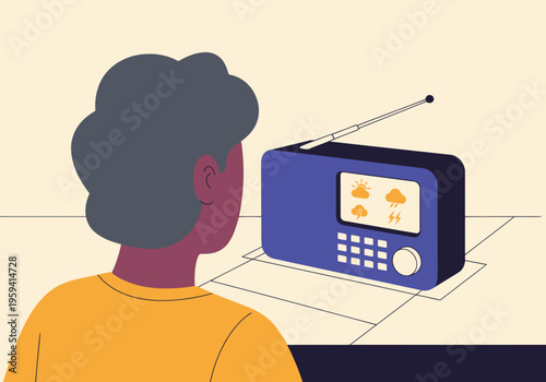 A young man listens intently to a vintage radio displaying a weather alert. A stylized illustration evokes a nostalgic, informative mood. Modern, graphic style.