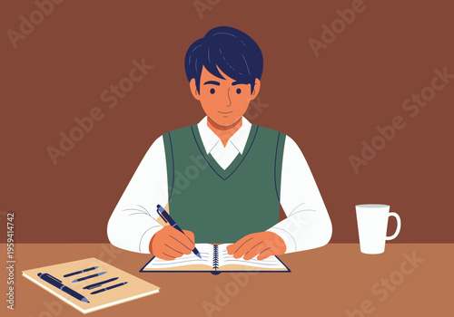 A young man takes notes during a boardroom meeting. He?s focused and professional, seated at a desk with documents and a pen. Clean, modern style.
