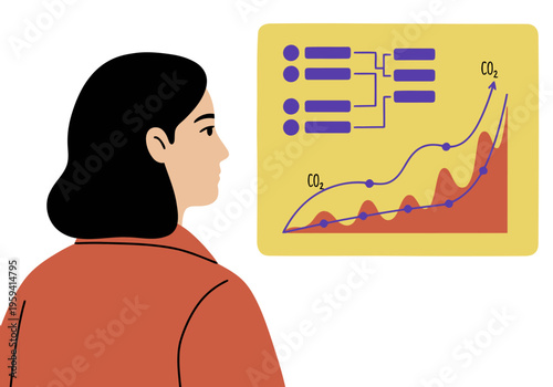 A woman observes carbon absorption data displayed on a screen, reflecting on rising CO2 levels. A thoughtful expression conveys concern about climate change. Modern illustration style.