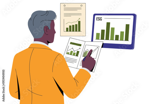 A professional man reviews an ESG report on a tablet, alongside printed charts. Modern, clean design showcasing sustainability and data analysis.  Bright, optimistic.