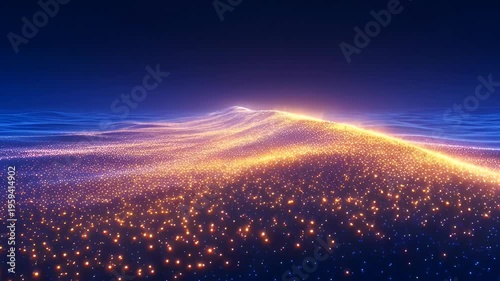 Glowing particle landscape of rolling light waves in blue and gold fused with glowing blue digital wave field and bioluminescent digital terrain of sparkling particles and warm futuristic light
