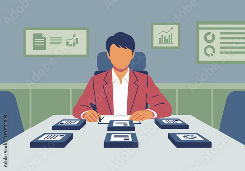 A professional man sits at a boardroom table, reviewing data on tablets. Modern illustration depicting leadership and business strategy. Clean, graphic style.