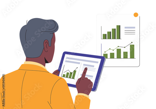 A professional man reviews an ESG report on a tablet, analyzing carbon capture data. Modern, business-focused illustration with a clear, informative design.