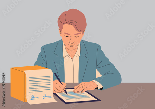 A young professional signs a business contract, focused and serious. Modern illustration style, clean background, emphasizes the deal.