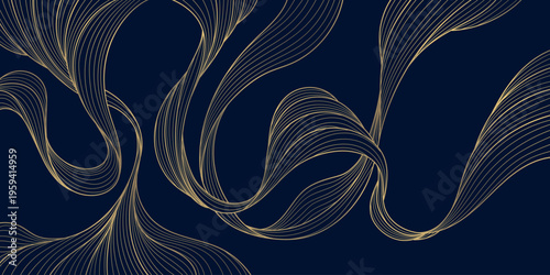Luxury abstract gold wave pattern with elegant line art, dark background. Japanese and Chinese vector design flowing curves, cloud, water motifs, organic shapes, smooth silk texture.