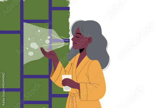 A serene woman enjoys the aromatherapy of a home algae wall, promoting wellness and relaxation. Soft colors and a modern aesthetic create a calming atmosphere.