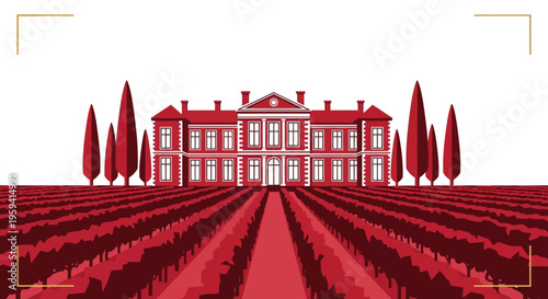 Minimalist Red and White Illustration of a Classic Winery Estate Chateau and Vineyard Rows