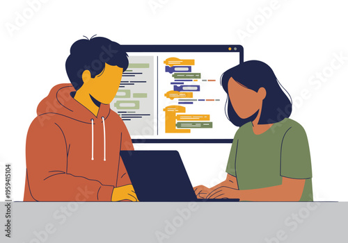 Two developers collaborate on coding software, reviewing code on a laptop. A modern, bright workspace showcases teamwork and technical expertise.