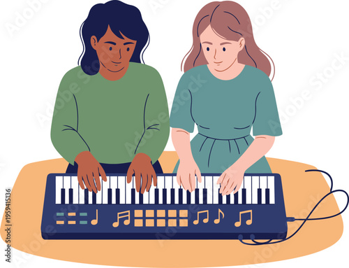 Two musicians collaborate, composing music on a keyboard. A vibrant, modern illustration showcasing creativity and teamwork. Perfect for music-related themes.