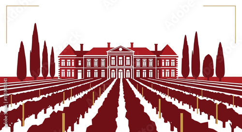 Elegant Vector Illustration of a Winery Estate with Rows of Grapevines and a Classic Chateau Architecture