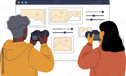 Two photographers collaborate on image editing, focused on a screen displaying landscape photos. A dynamic, creative scene with a modern aesthetic.