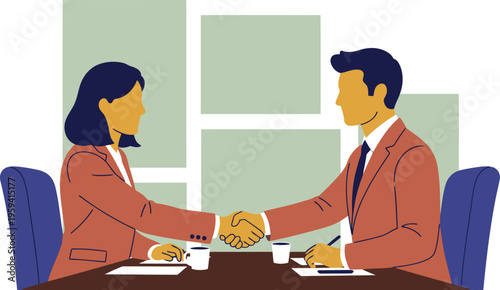 Two professionals shake hands in a boardroom, symbolizing partnership success. Clean, modern illustration with a focus on business collaboration and positive outcomes.