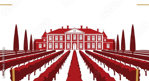 Minimalist Vector Illustration of a Grand Wine Estate and Vineyard with Rows of Grapevines and a Classic Mansion