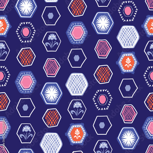Geometric hexagonal pattern with blue, pink floral elements overlaying a blue background, creating modern abstract design for textile or wrapping paper