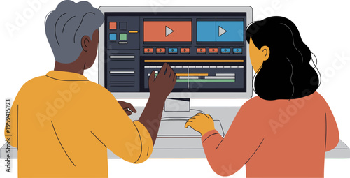 Two video editors collaborate on a timeline, reviewing footage on a large monitor. A dynamic and professional workflow is depicted.