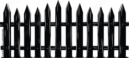 Black and white wood picket fence vector illustration isolated on white background for garden boundary or spooky cemetery decor element.