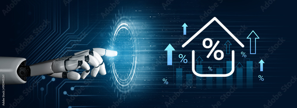Naklejka premium A robotic hand interacts with a digital interface, featuring percentage symbols and a housing graph, symbolizing the intersection of technology and real estate growth. Gantry