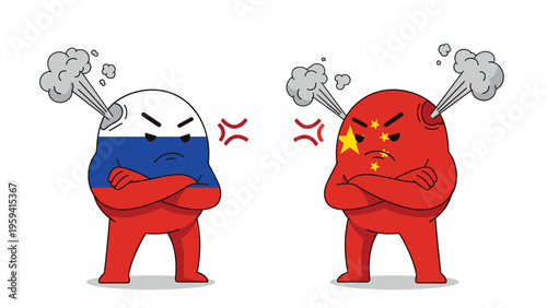 Two angry egg-shaped characters representing Russia and China with their respective flags staring intensely at each other.
