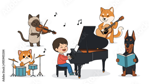 Young boy playing the grand piano while surrounded by cute pets like a cat, dog, and kittens playing their own instruments.