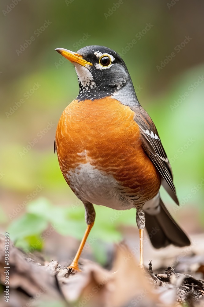 Fototapeta premium An American robin stands upright, showing its bright plumage
