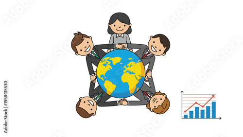 Group of business people surrounding a globe representing global success and collaboration with a rising growth chart.