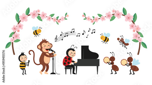 Whimsical scene of a monkey and various insects like bees and ants playing music in a garden under cherry blossom trees.