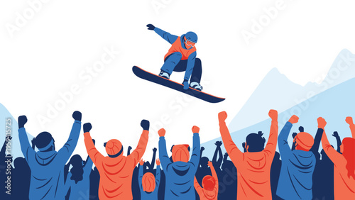 Exciting scene of a snowboarder performing a high jump in the air while a crowd of fans cheers from below in the mountains.