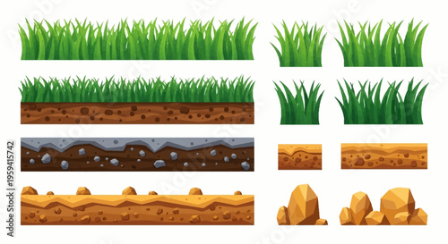 Vector Set of Game Ground Assets: Seamless Grass Borders, Underground Soil Layers, and Rock Elements for 2D Landscape Design