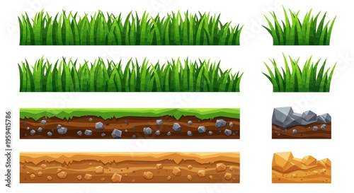 2D Game Assets Set: Seamless Green Grass Borders, Soil and Ground Layers, and Terrain Platforms for Level Design and Mobile UI