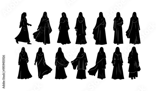 Muslim women hijab silhouette set with diverse Bangladeshi fashion poses black and white vector collection isolated on white