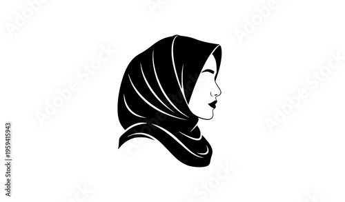 Minimal Muslim woman hijab side profile silhouette with Bangladeshi cultural style black and white vector isolated on white