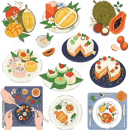  I Need A Kinds of Different vector Art with a white background Beautifully decorated pictures of local fruits, cakes, or cooking. Imagesa.eps