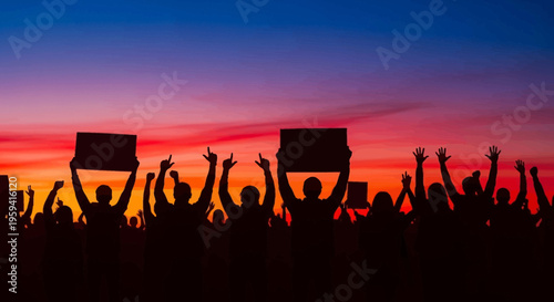 Silhouette of protesters holding blank signs at sunset, crowd of people demonstrating for human rights, activists at political rally during golden hour