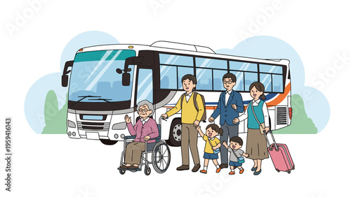 Happy multi-generational family including an elderly woman in a wheelchair standing in front of a travel bus with luggage.