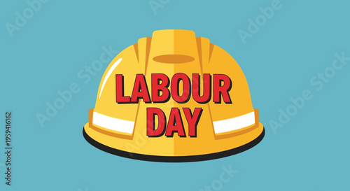 Labour Day greeting with yellow hard hat illustration, construction worker safety helmet on blue background, industrial holiday celebration graphic